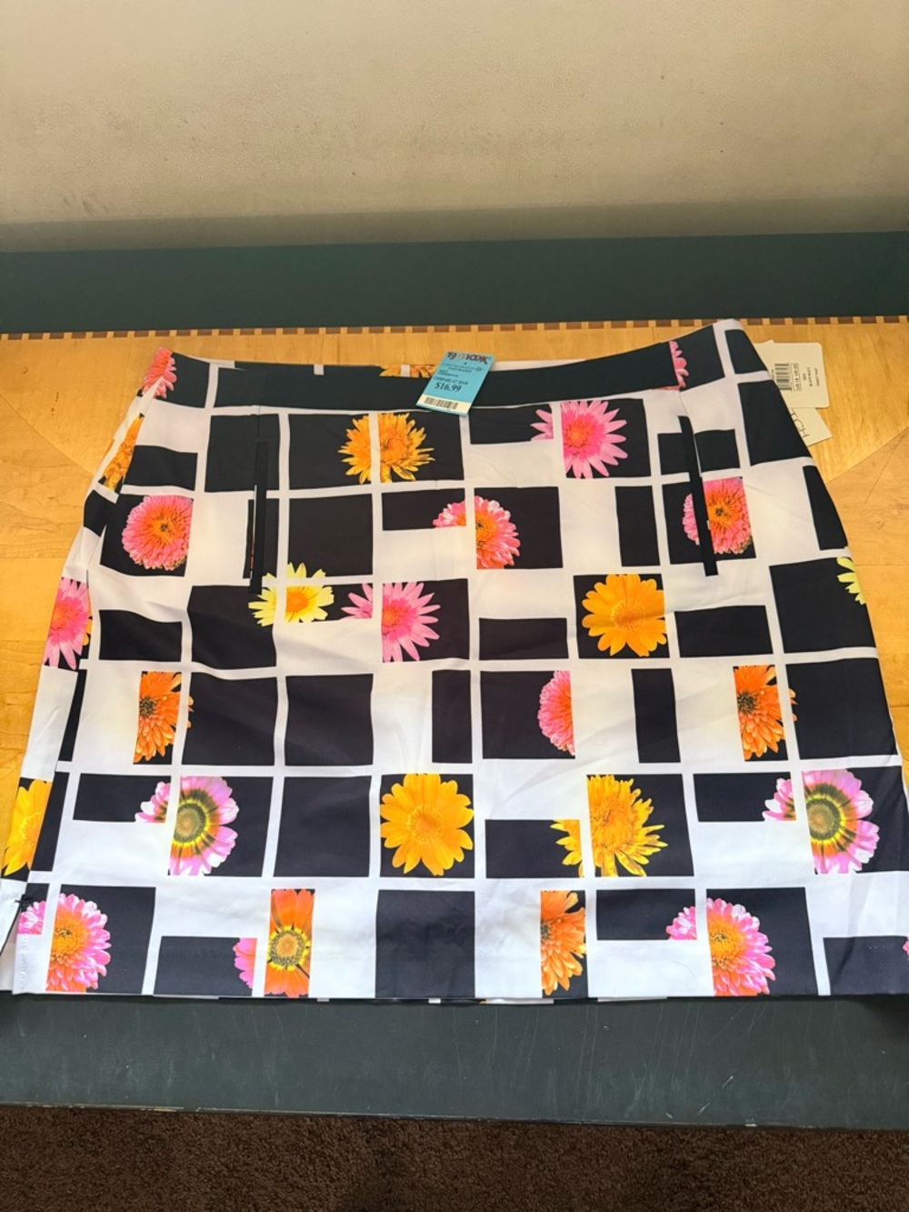 Floral Grid Print A-Line Skirt - Black, White & Pink/Yellow Flowers
